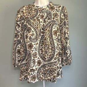Ann Taylor Loft Outlet Long Sleeve Blue & Brown Boho Paisley Print Blouse